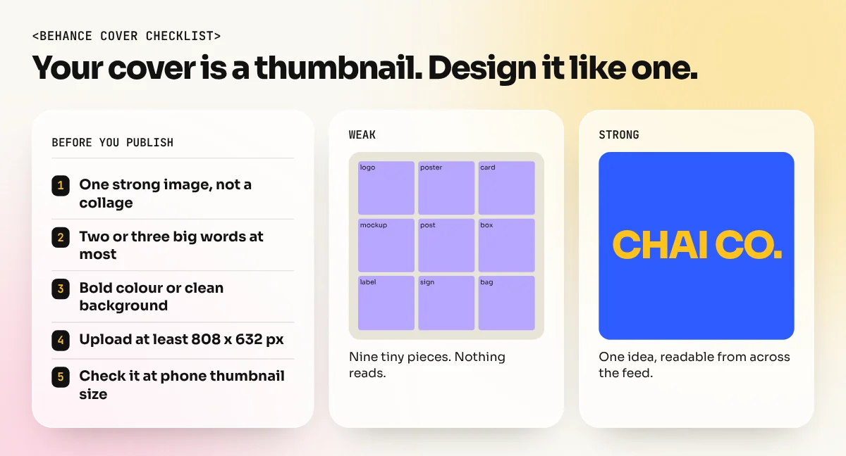 Checklist card for a Behance cover image with five points and a weak versus strong thumbnail comparison