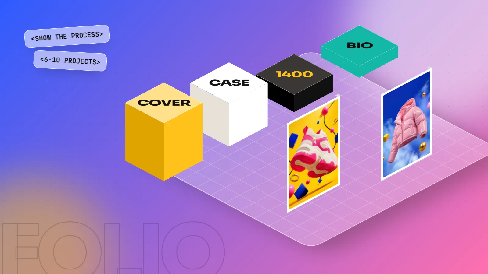 Isometric 3D scene with blocks labelled COVER, CASE, 1400 and BIO beside two standing project posters on a blue and pink floor