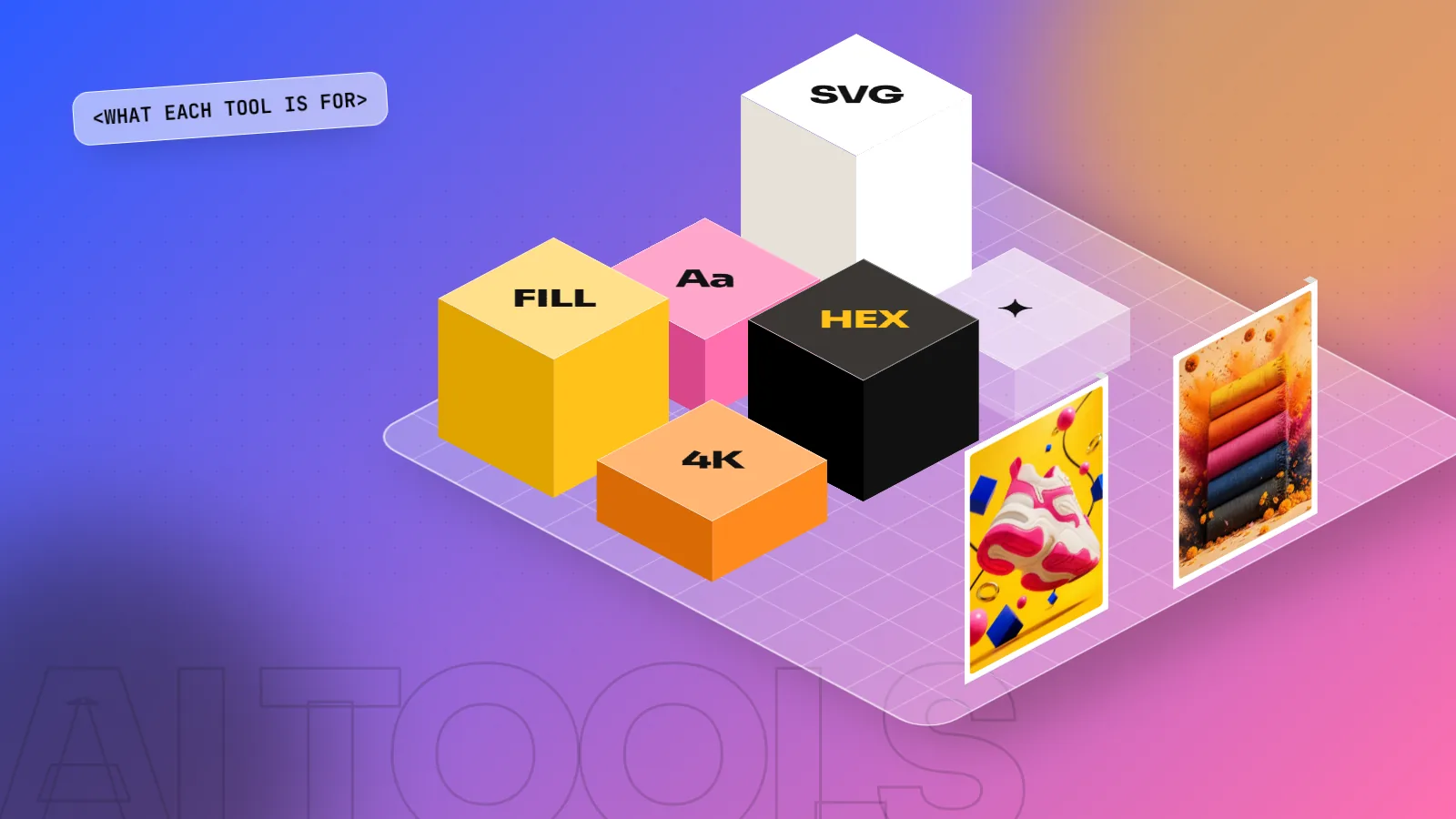 Isometric 3D grid of colourful tool blocks labelled Fill, Aa, SVG, 4K and HEX beside two ad posters