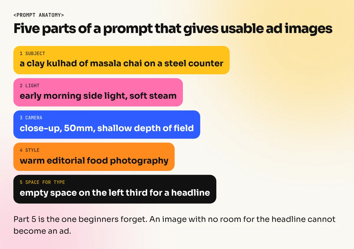 A designer's AI prompt split into subject, light, camera, style and space for type