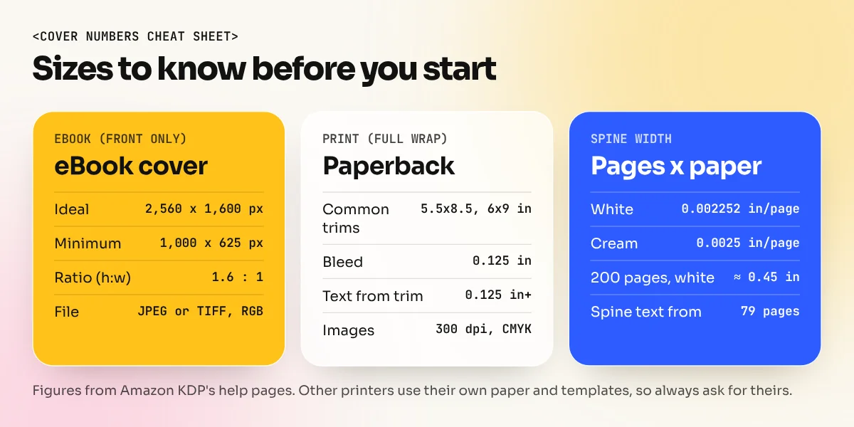 Cheat sheet of book cover sizes: eBook cover pixels, common paperback trim sizes, bleed, safe margin and spine width formula