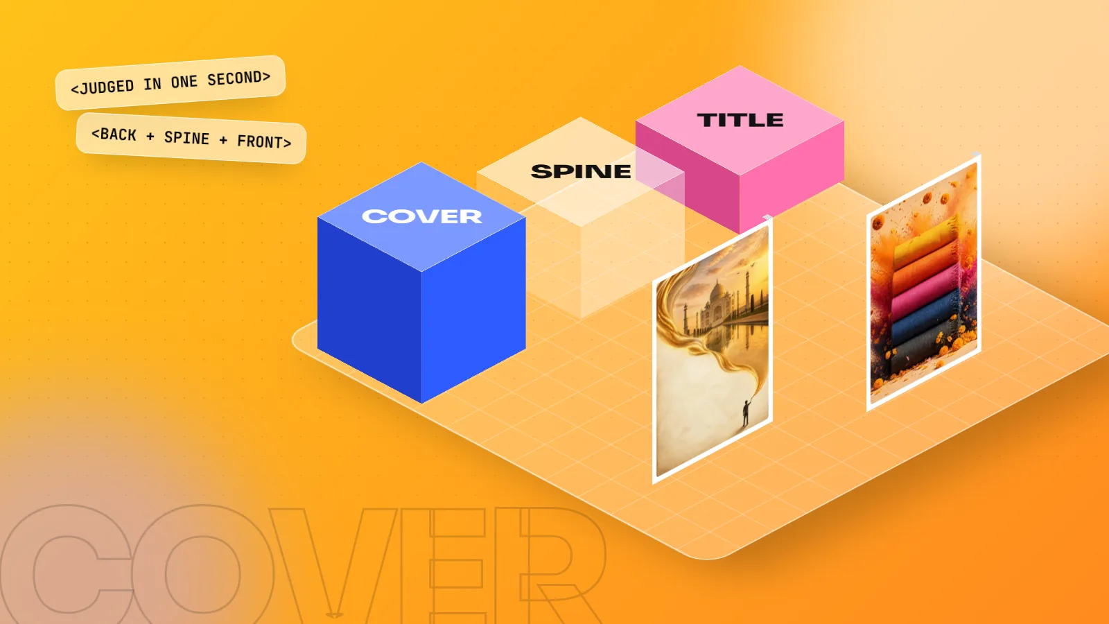 Isometric 3D scene with blocks labelled COVER, SPINE and TITLE beside two standing posters on a yellow and orange floor