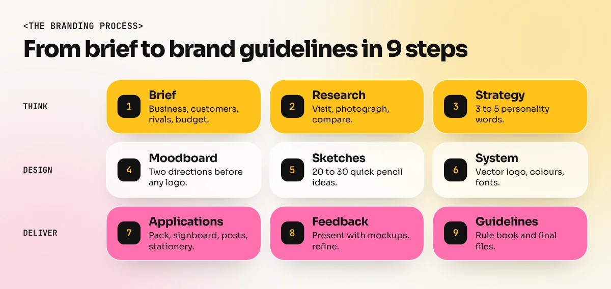 Nine numbered steps of the branding design process in three rows: brief, research, strategy, moodboard, sketches, system, applications, feedback and guidelines