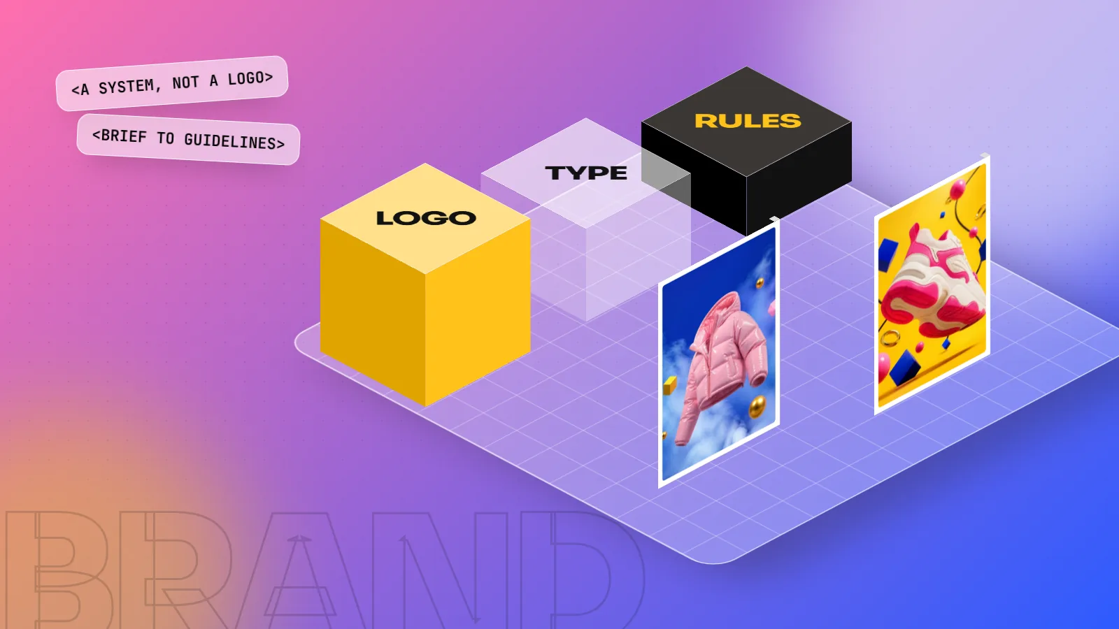 Isometric 3D scene with blocks labelled LOGO, TYPE and RULES beside two standing student posters on a pink and blue floor