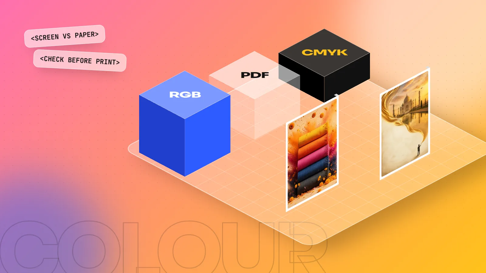 Isometric 3D scene with a blue RGB block, a clear PDF block and a black CMYK block next to two colourful posters on a pink and yellow floor