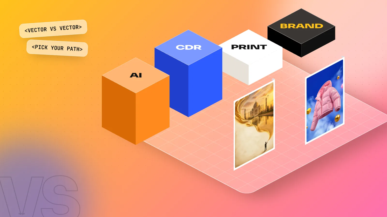 Isometric 3D scene with two tall blocks labelled CDR and AI facing each other, with smaller blocks for print, brand and vector and two student posters