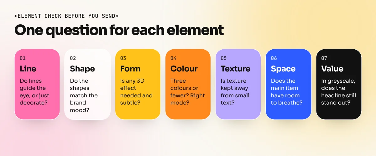 Seven-point checklist asking one question for each design element before sending a design