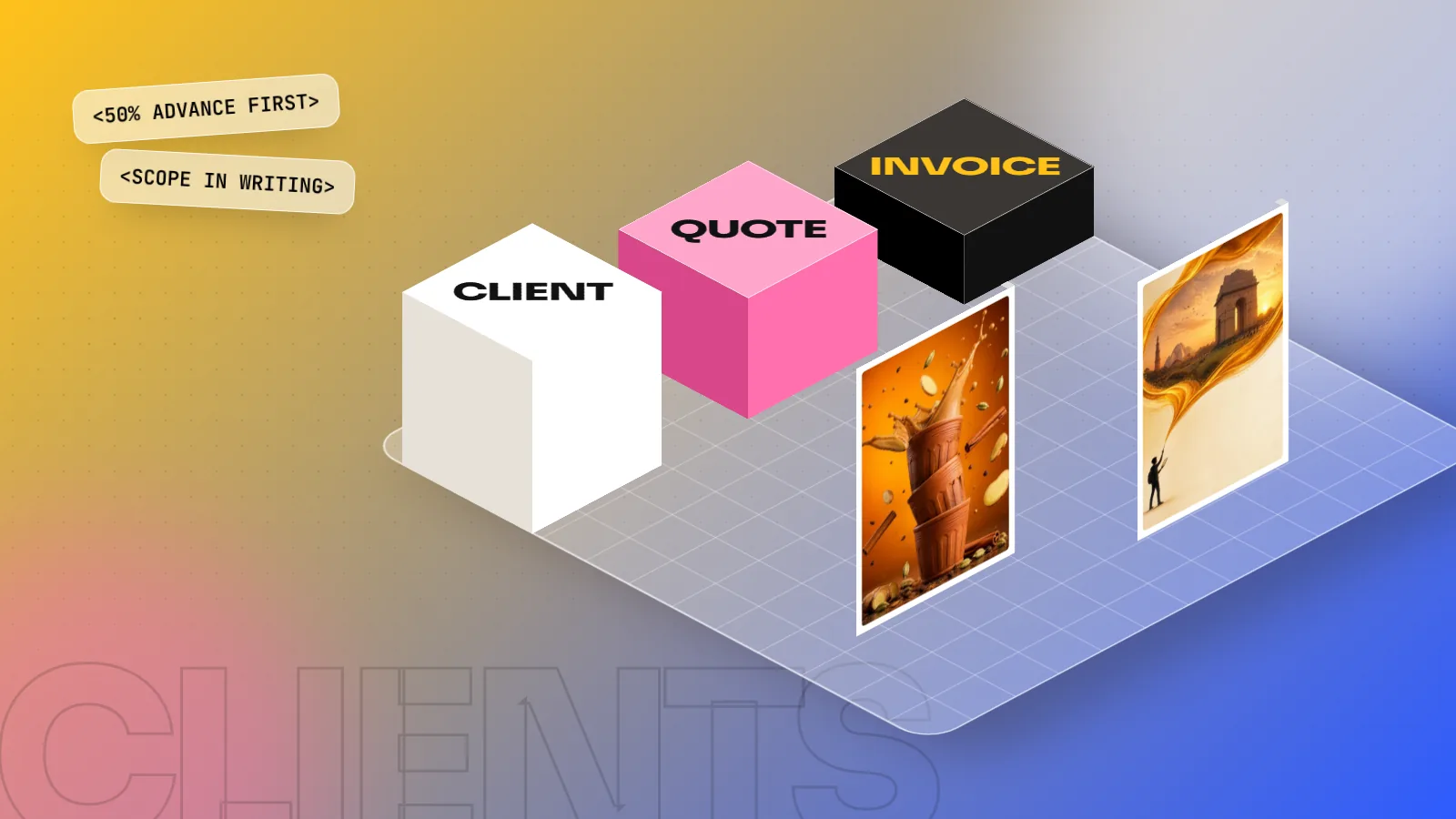 Isometric 3D scene with blocks labelled CLIENT, QUOTE and INVOICE beside two standing poster designs on a yellow and blue floor
