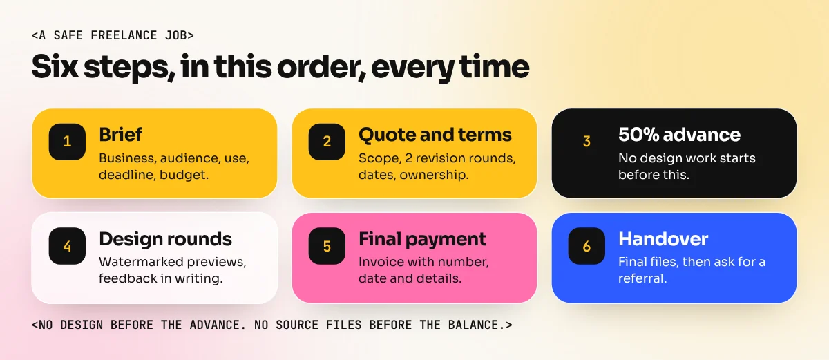 Six-step freelance job flow from brief and quote to advance, design rounds, final payment and handover