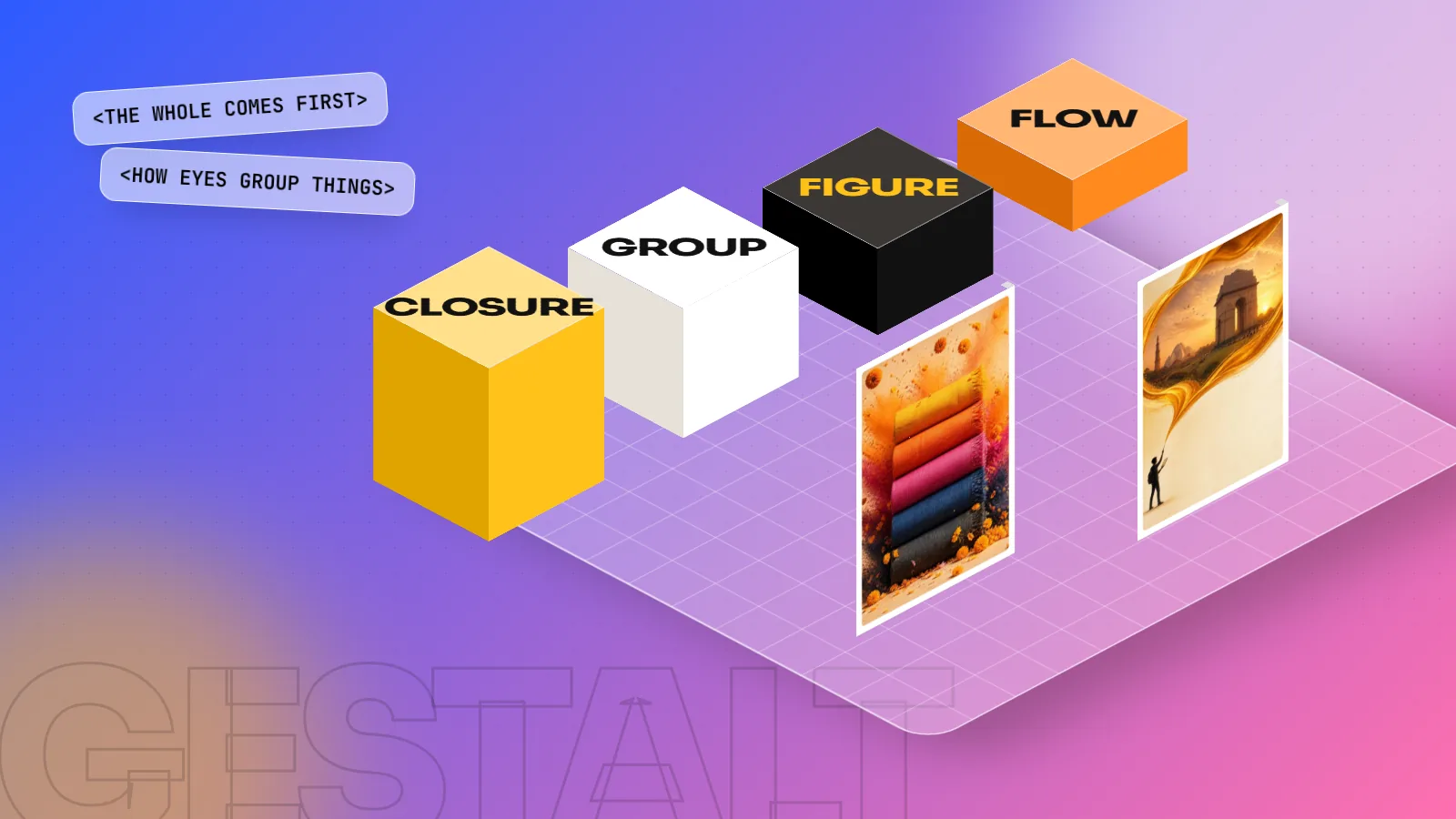 Isometric 3D scene with blocks labelled CLOSURE, GROUP, FIGURE and FLOW next to two standing posters on a blue and pink floor
