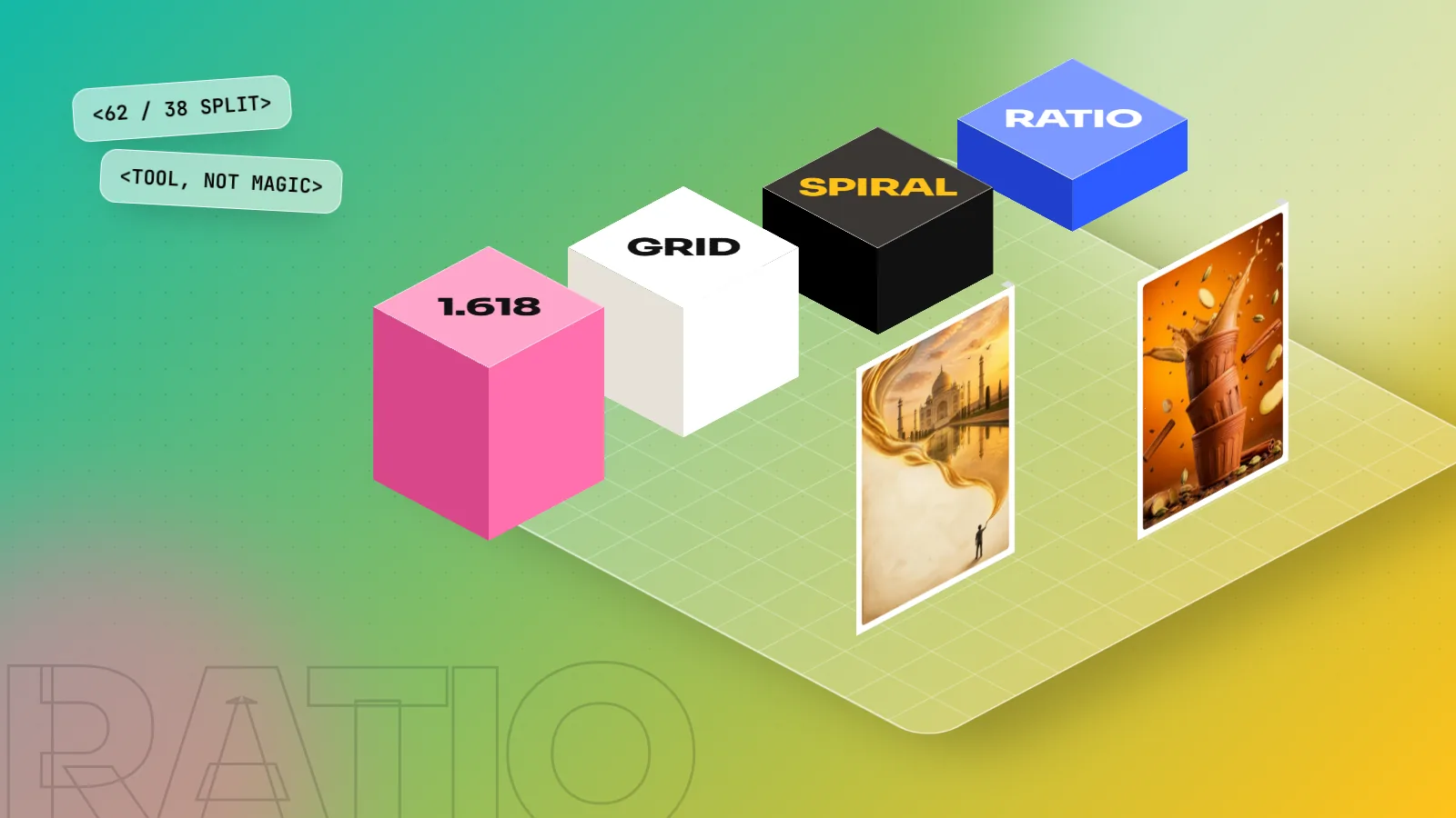Isometric 3D scene with blocks labelled 1.618, GRID, SPIRAL and RATIO beside two standing posters on a teal and yellow floor