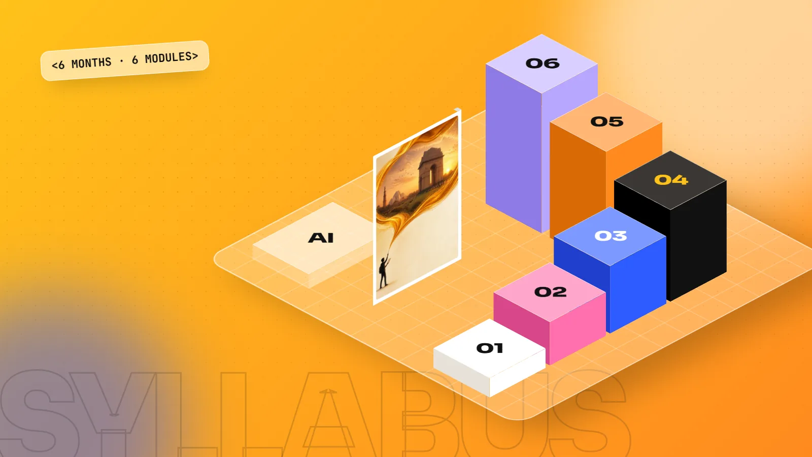 Isometric 3D staircase of six coloured blocks numbered 01 to 06 for the six months of a graphic design course