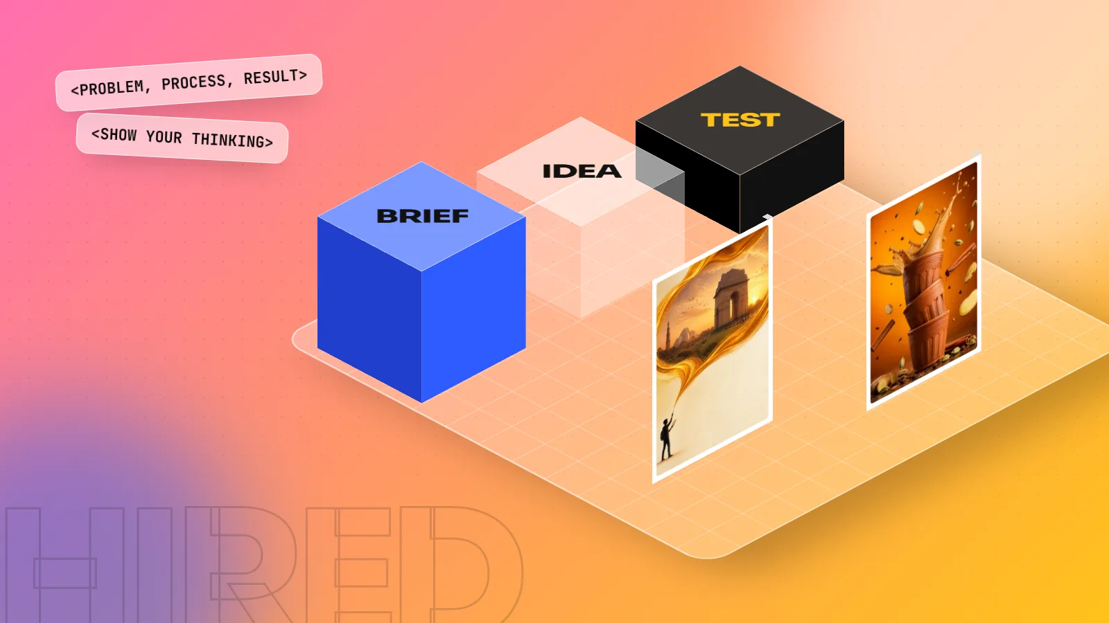Isometric 3D scene with blocks labelled BRIEF, IDEA and TEST beside two standing student posters on a pink and yellow floor