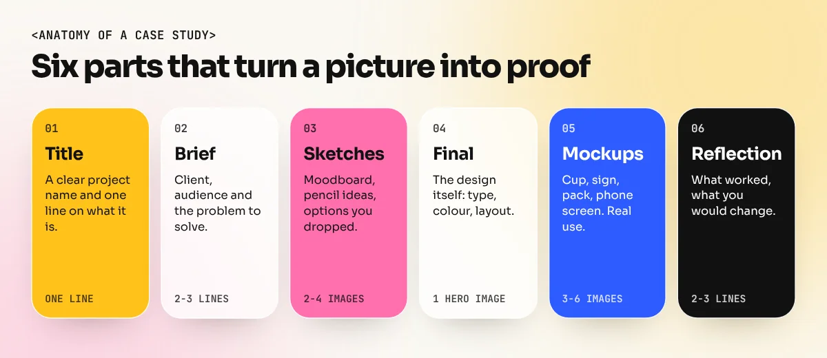 Six-part case study layout: title, brief, sketches, final design, mockups and reflection, each with a short note on what it proves