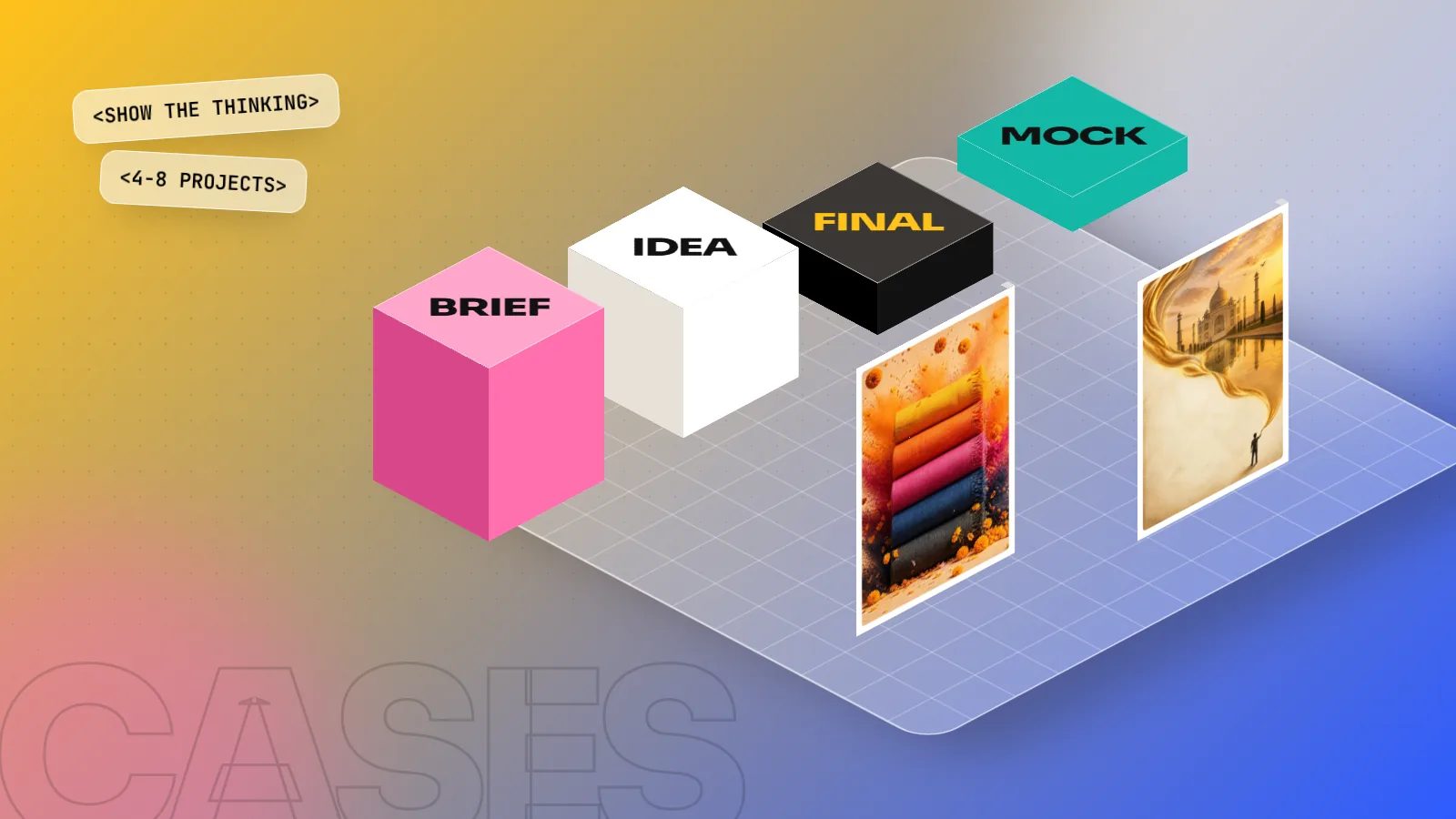 Isometric 3D scene with portfolio blocks labelled brief, idea, final and mock beside two printed project posters