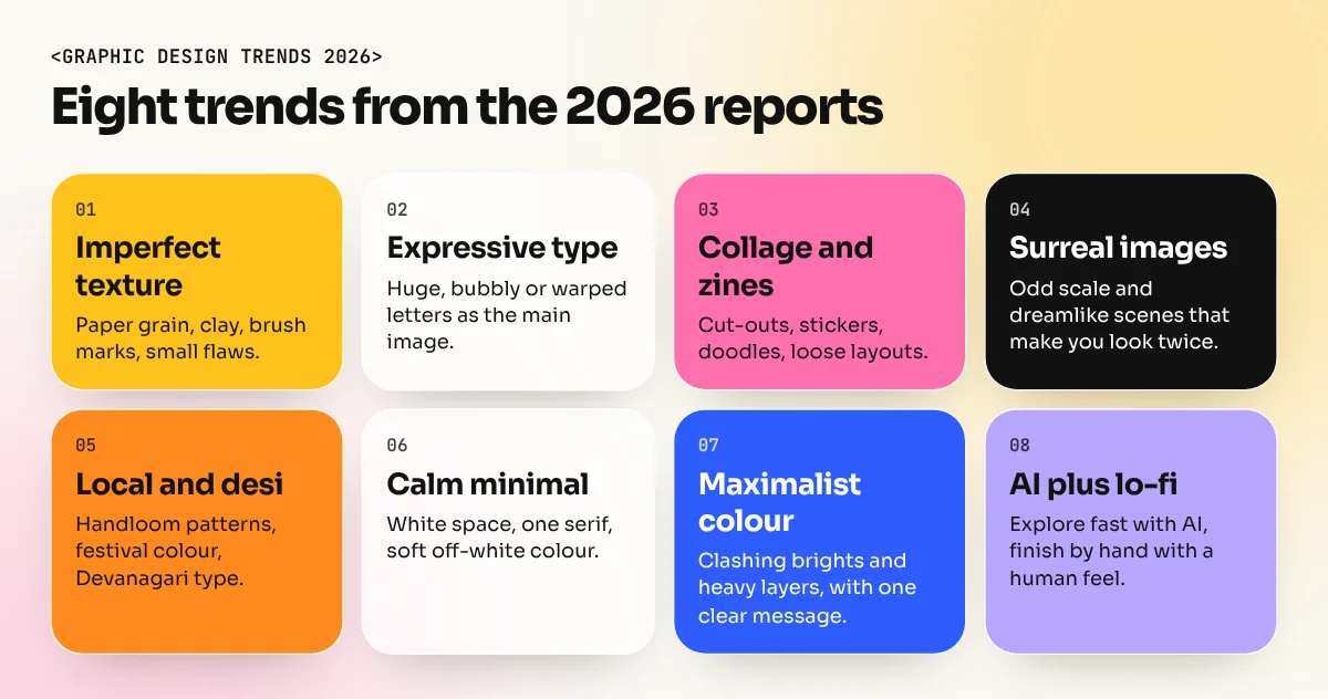 Eight cards naming the graphic design trends of 2026 with one line on what each looks like
