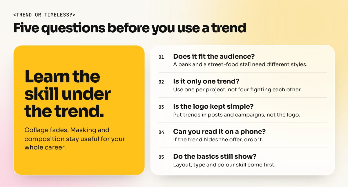 Checklist of five questions to ask before using a design trend in a client project
