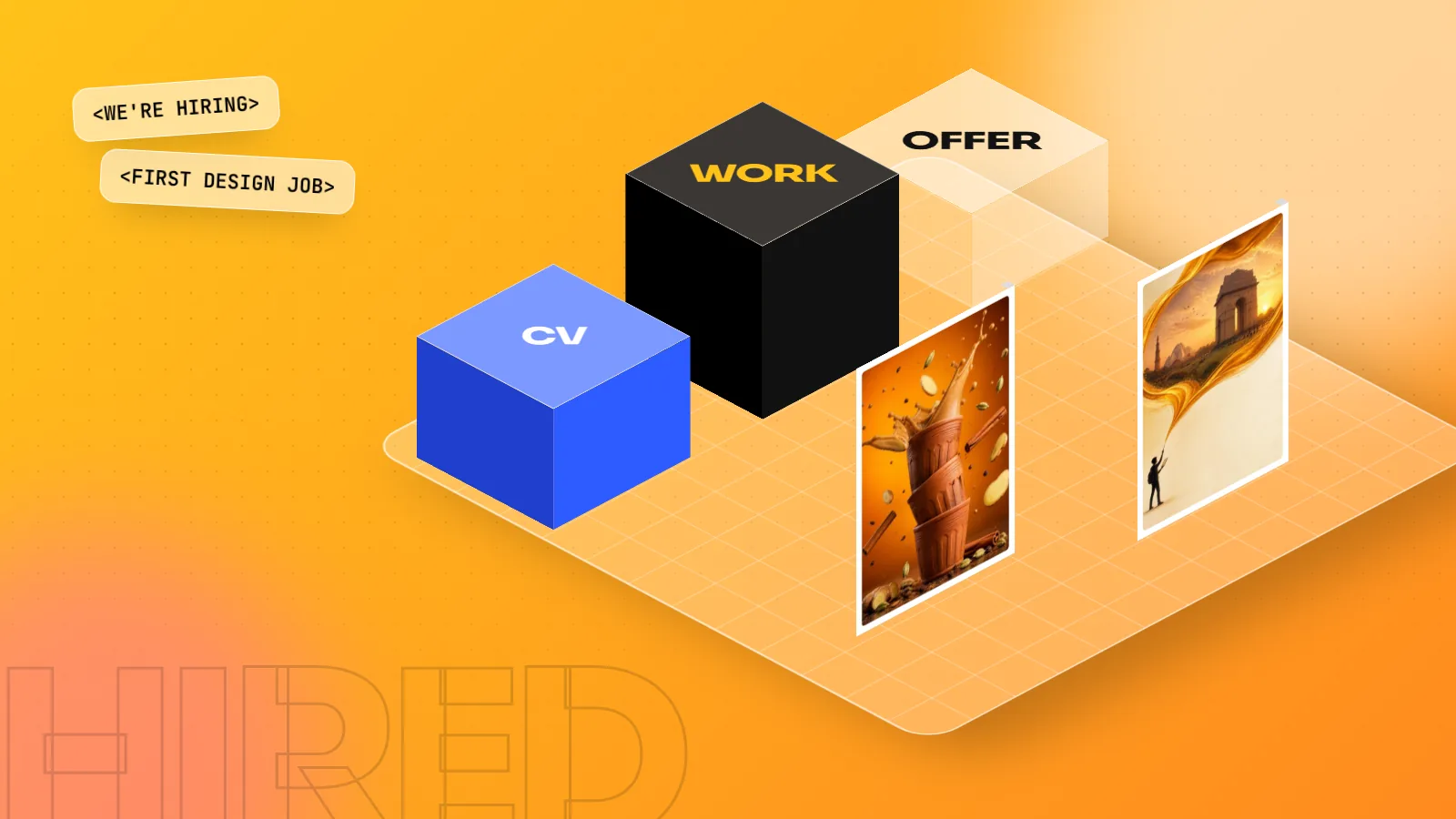 Isometric 3D scene with blocks labelled CV, WORK and OFFER beside two student posters on a yellow and orange floor
