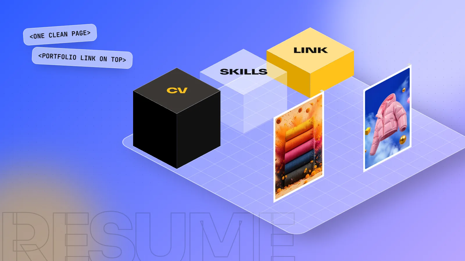 Isometric 3D scene with blocks labelled CV, SKILLS and LINK beside two student posters on a cobalt and lilac floor