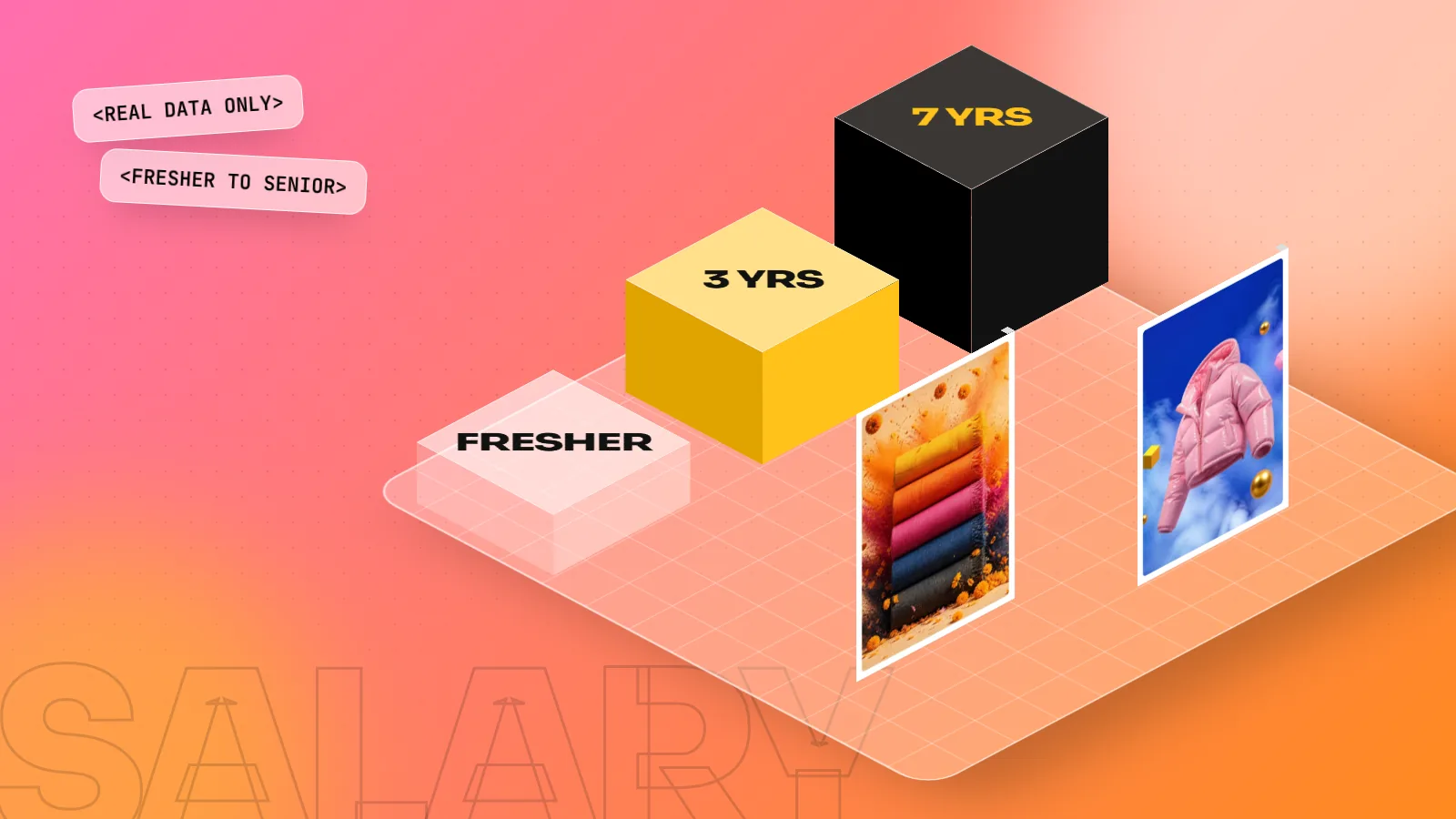 Isometric 3D scene with stepped blocks labelled FRESHER, 3 YRS and 7 YRS rising like a bar chart beside two design posters