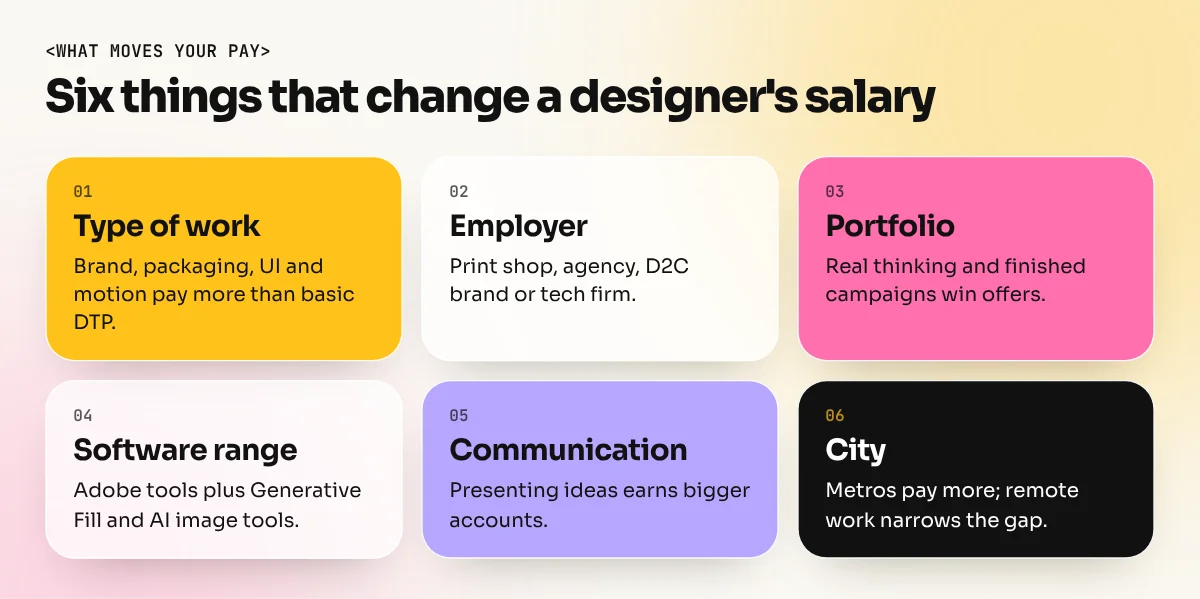 Six factors that change a designer's pay: type of work, employer, portfolio, software range, communication and city
