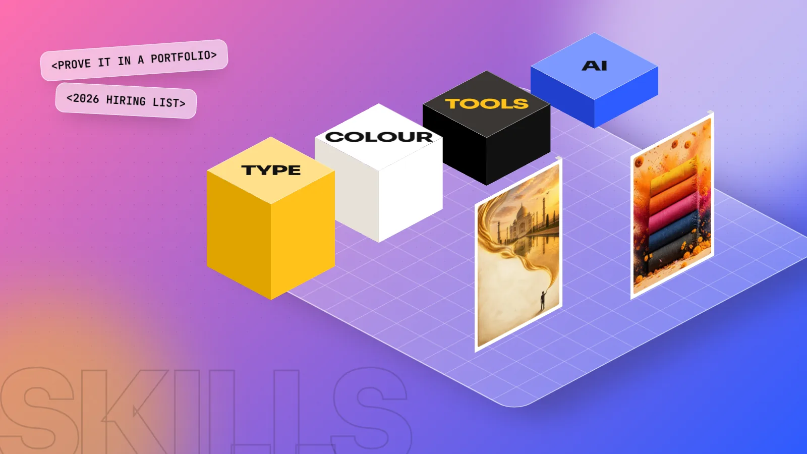 Isometric 3D scene with blocks labelled TYPE, COLOUR, TOOLS and AI next to two standing poster designs on a pink and blue floor