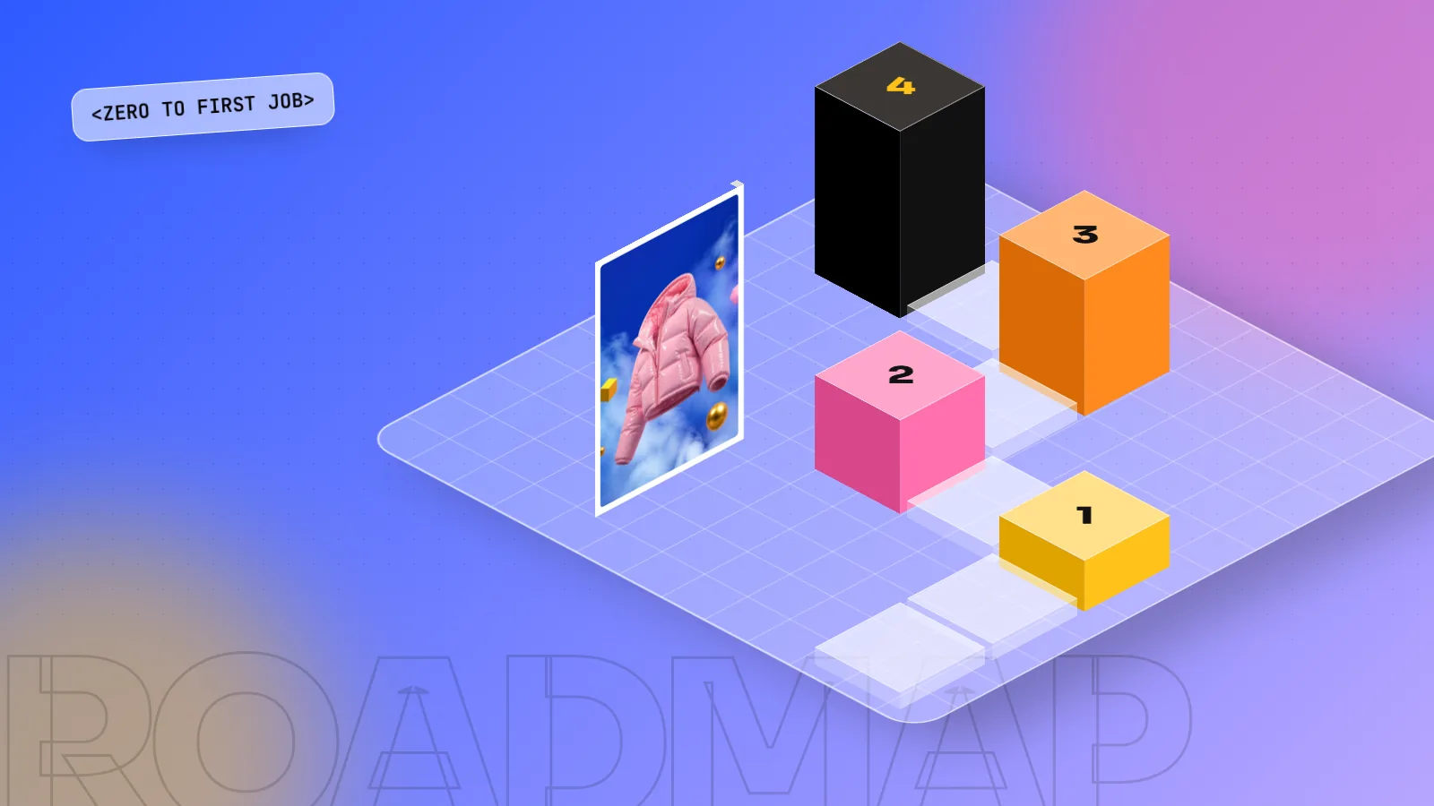 Isometric 3D path of glass tiles climbing to four numbered milestone blocks with a winter ad poster beside it