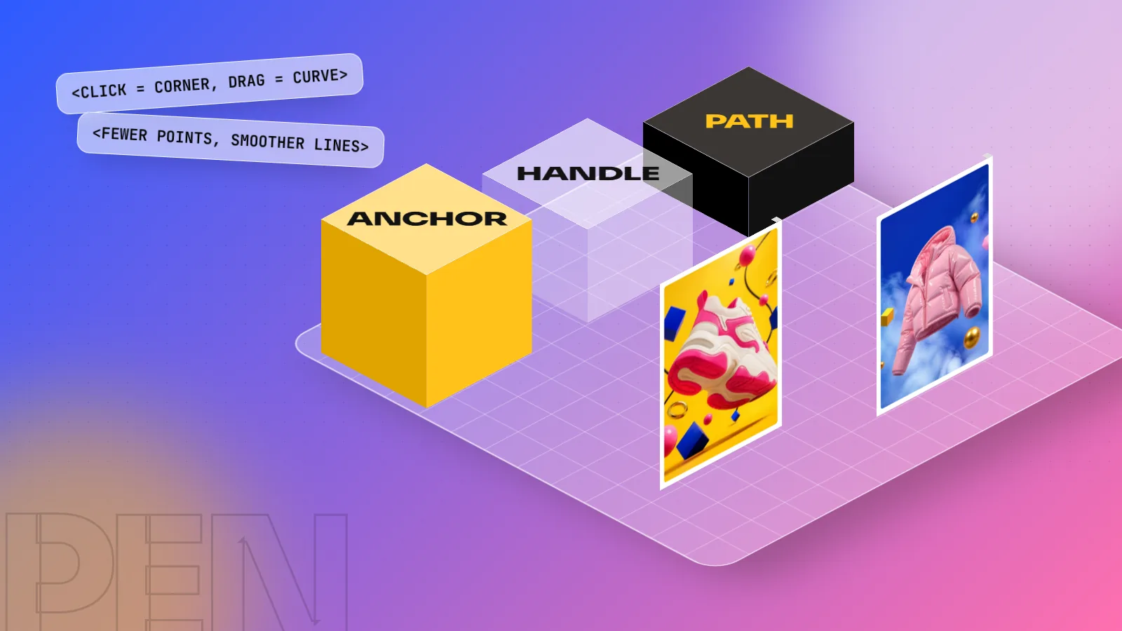 Isometric 3D scene with blocks labelled ANCHOR, HANDLE and PATH beside two standing student posters on a blue and pink floor