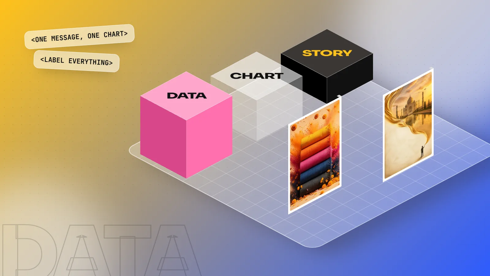 Isometric 3D scene with blocks labelled DATA, CHART and STORY beside two standing student posters on a yellow and blue floor