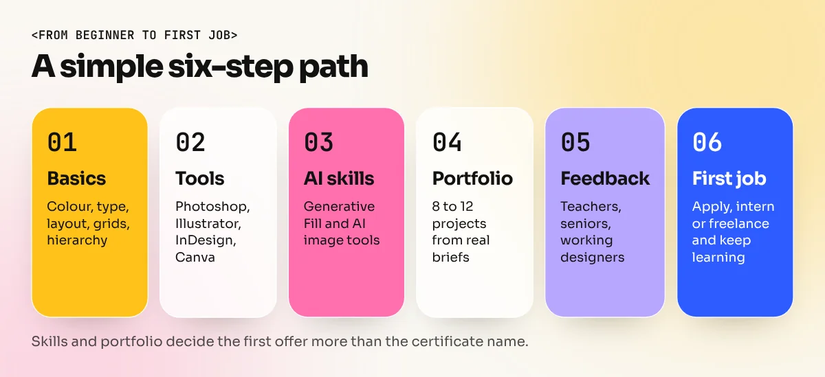 Six step path to a design career: basics, tools, AI skills, portfolio, feedback and first job
