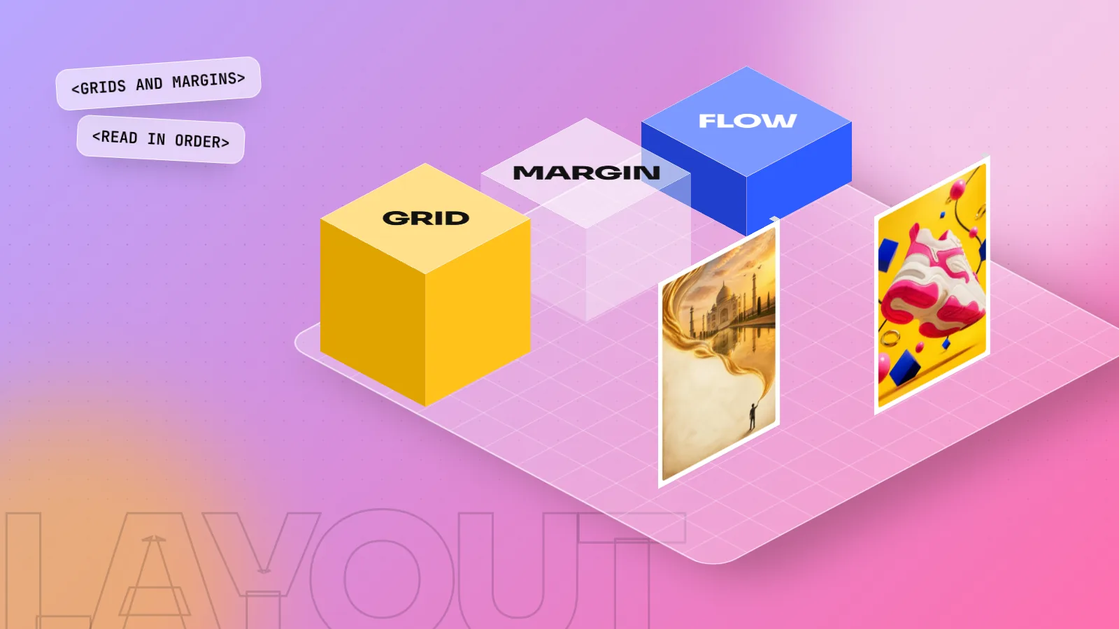 Isometric 3D scene with blocks labelled GRID, MARGIN and FLOW arranged in neat columns beside two posters
