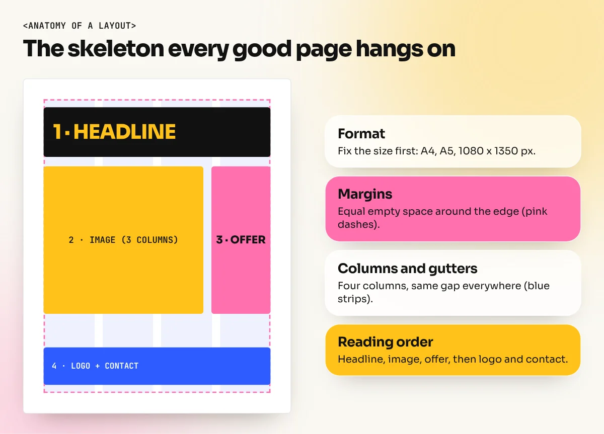 Diagram of a poster layout showing margins, a four-column grid, gutters, headline area, image area and footer