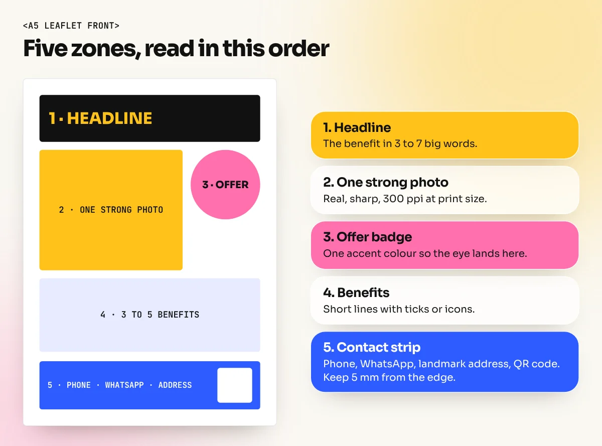 A5 leaflet front with numbered zones: headline, photo, offer badge, benefit points and contact strip with QR code