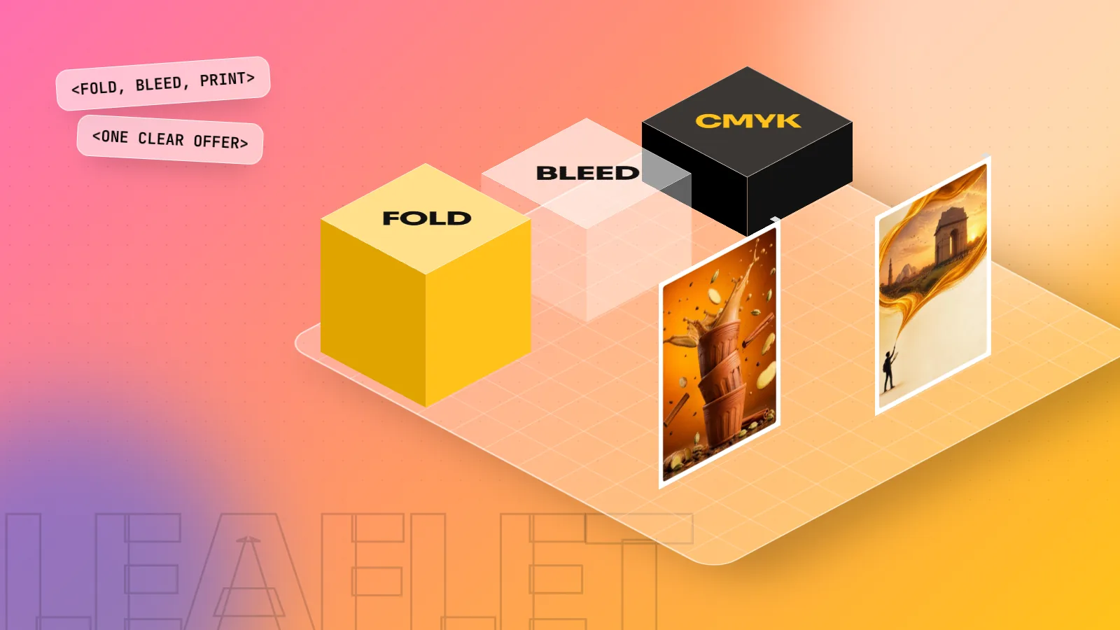 Isometric 3D scene with blocks labelled FOLD, BLEED and CMYK next to two printed posters on a pink and yellow floor