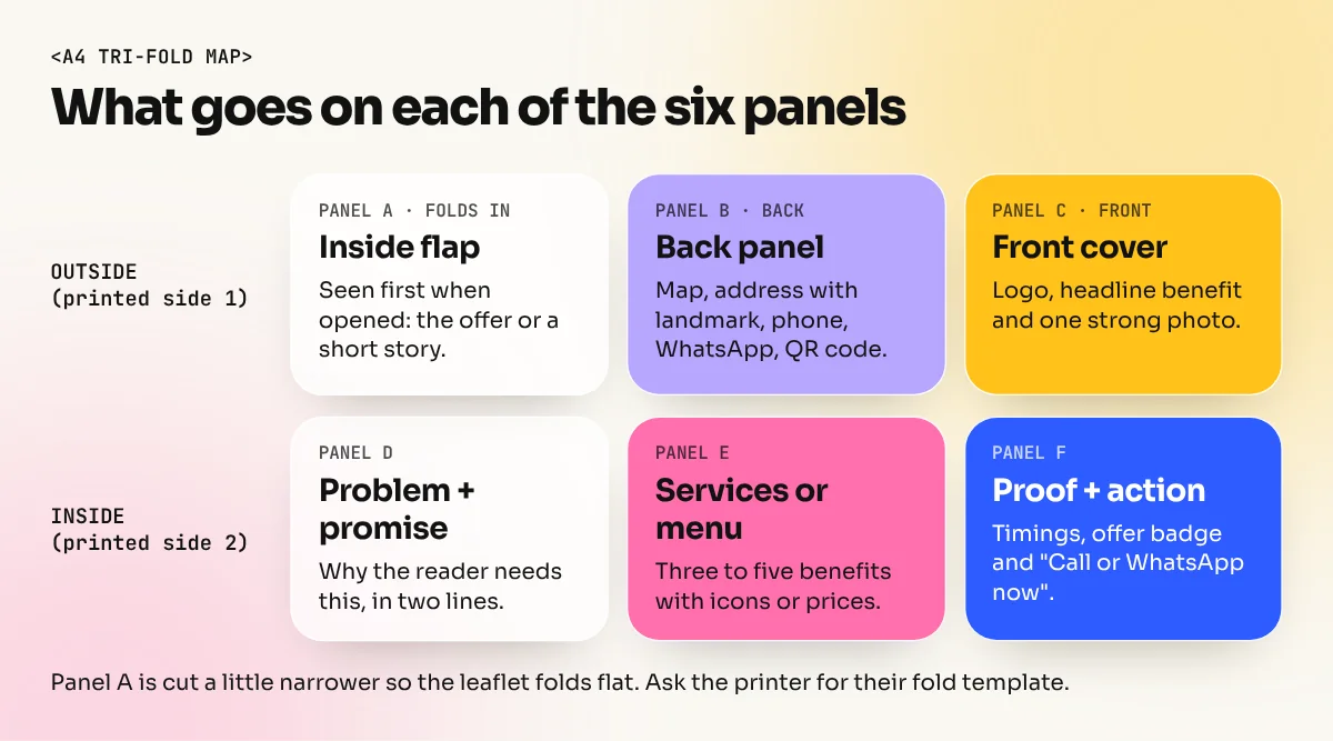 Tri-fold leaflet map showing the front cover, back panel, inside flap and three inside panels with what goes on each