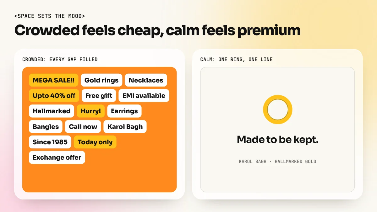 Two versions of a jewellery ad, one crowded with offers and badges and one with a single ring, a short line and wide empty space