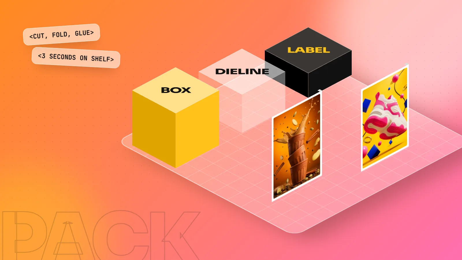 Isometric 3D scene with blocks labelled BOX, DIELINE and LABEL next to two finished posters on an orange and pink floor