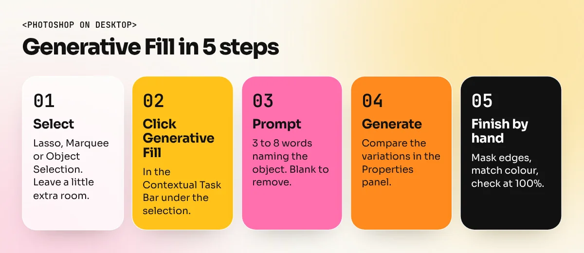 Five step flow for Generative Fill: select, click Generative Fill, write prompt, generate, pick and refine