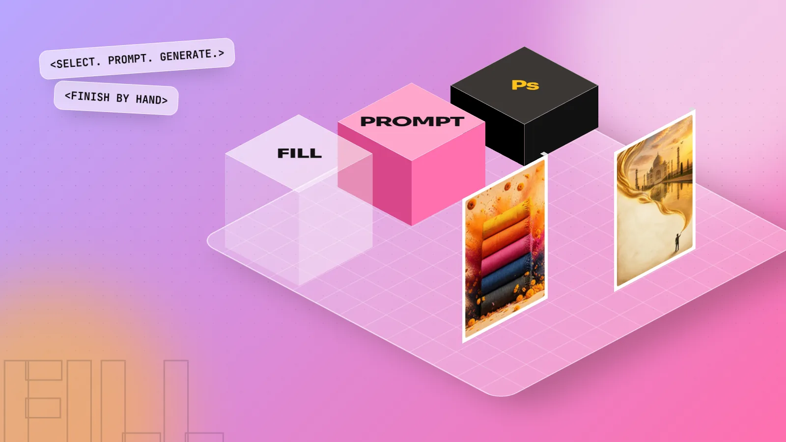 Isometric 3D scene with a glass block labelled FILL, a pink PROMPT block and a black Ps block next to two posters on a purple and pink floor