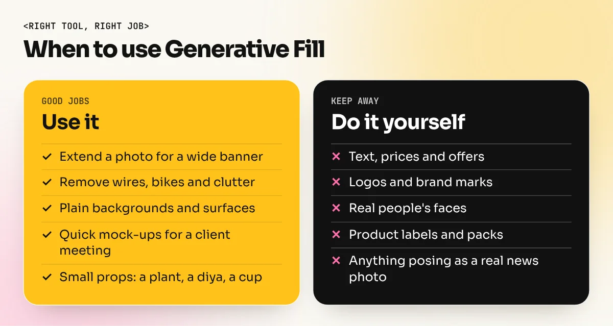 Two columns comparing jobs where Generative Fill helps and jobs where a designer should not use it