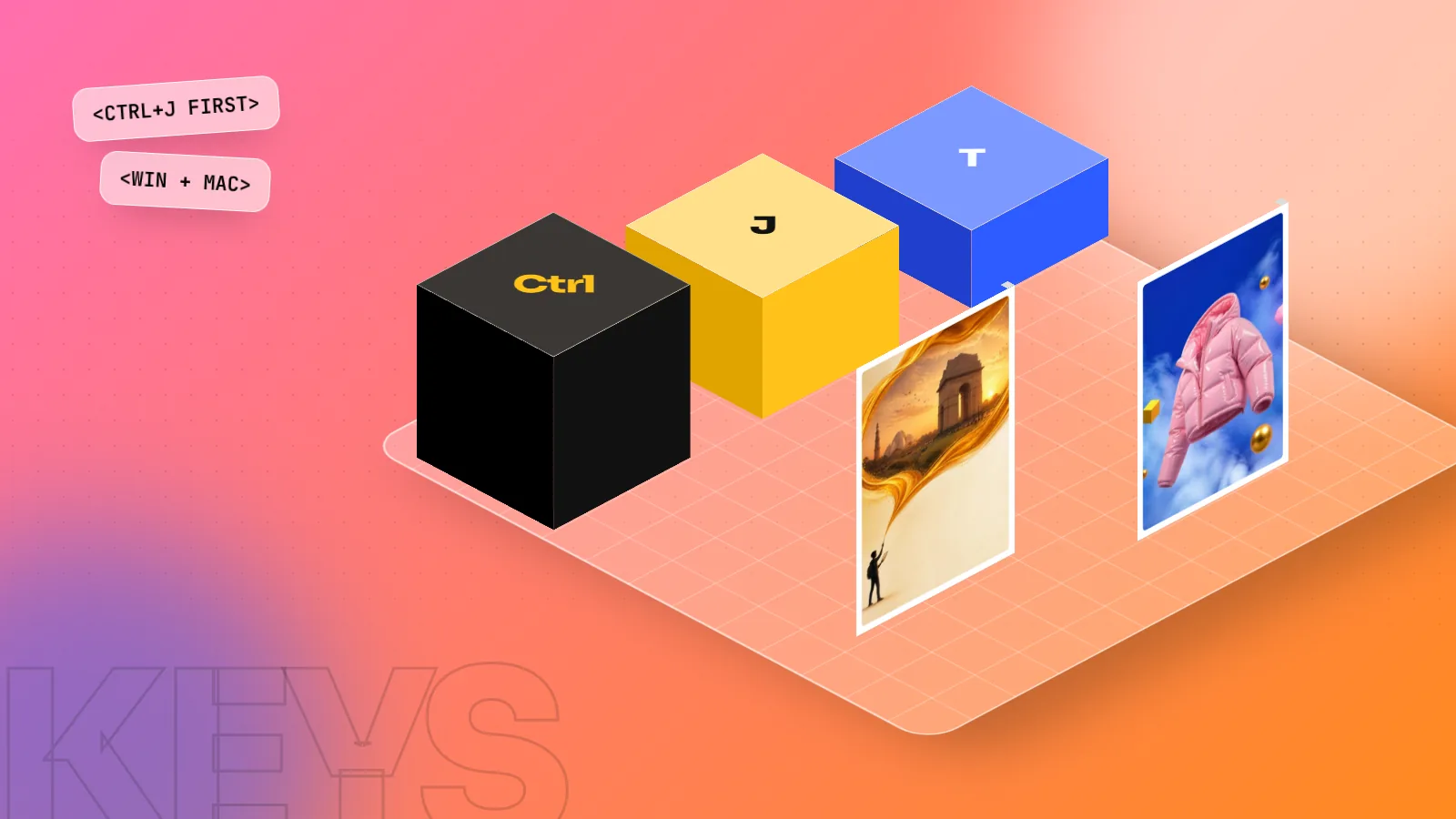 Isometric 3D scene with keyboard key blocks labelled Ctrl, J and T beside two finished posters on a pink and orange floor