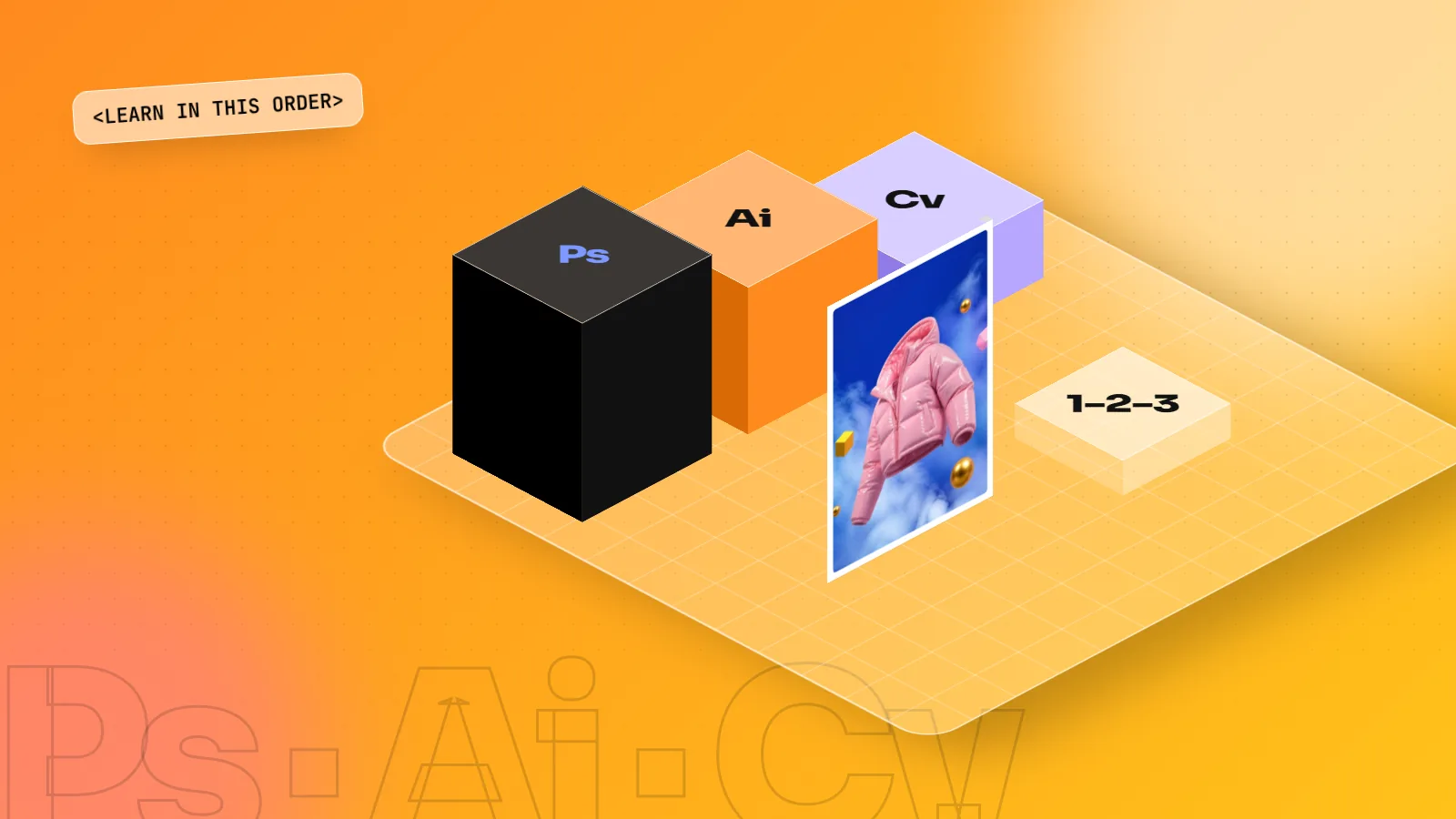 Isometric 3D scene with Ps, Ai and Canva blocks of different heights beside a winterwear ad poster