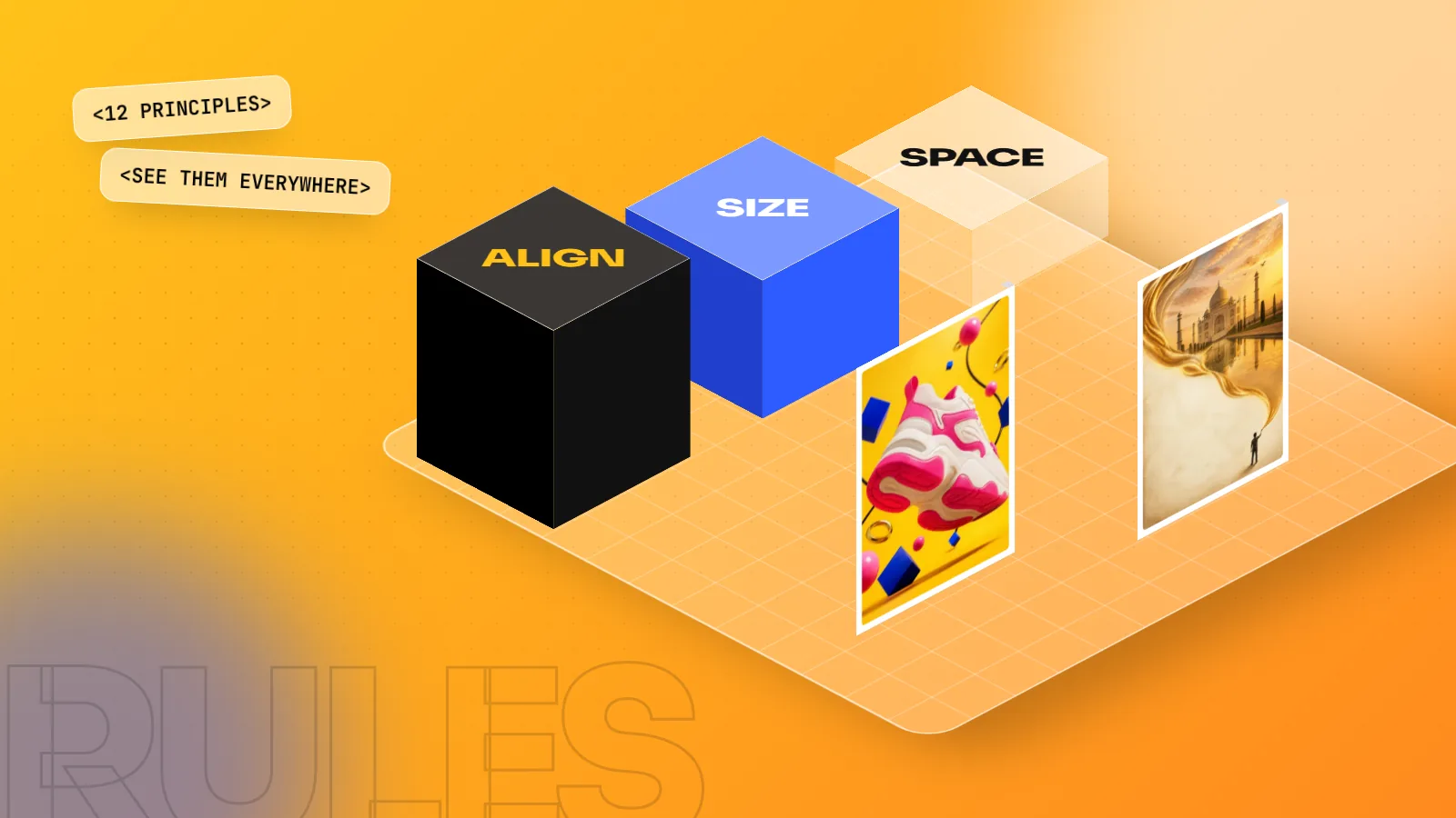 Isometric 3D scene with blocks labelled ALIGN, SIZE and SPACE beside a sneaker poster and a Taj Mahal travel poster