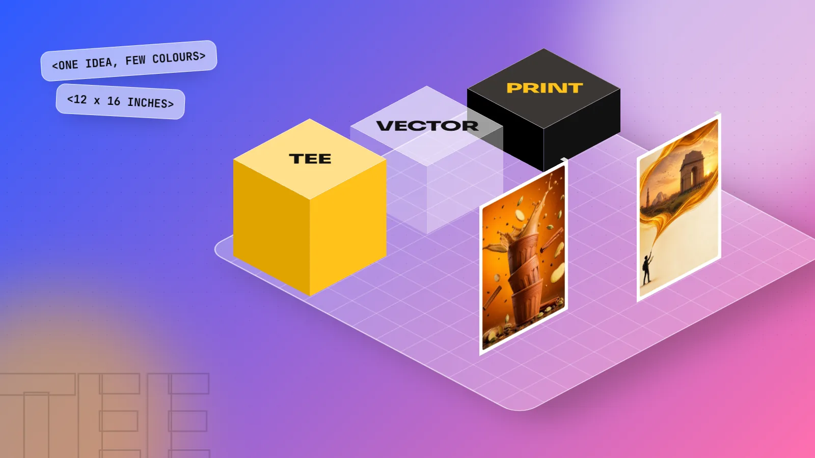 Isometric 3D scene with blocks labelled TEE, VECTOR and PRINT next to two student posters on a cobalt and pink floor
