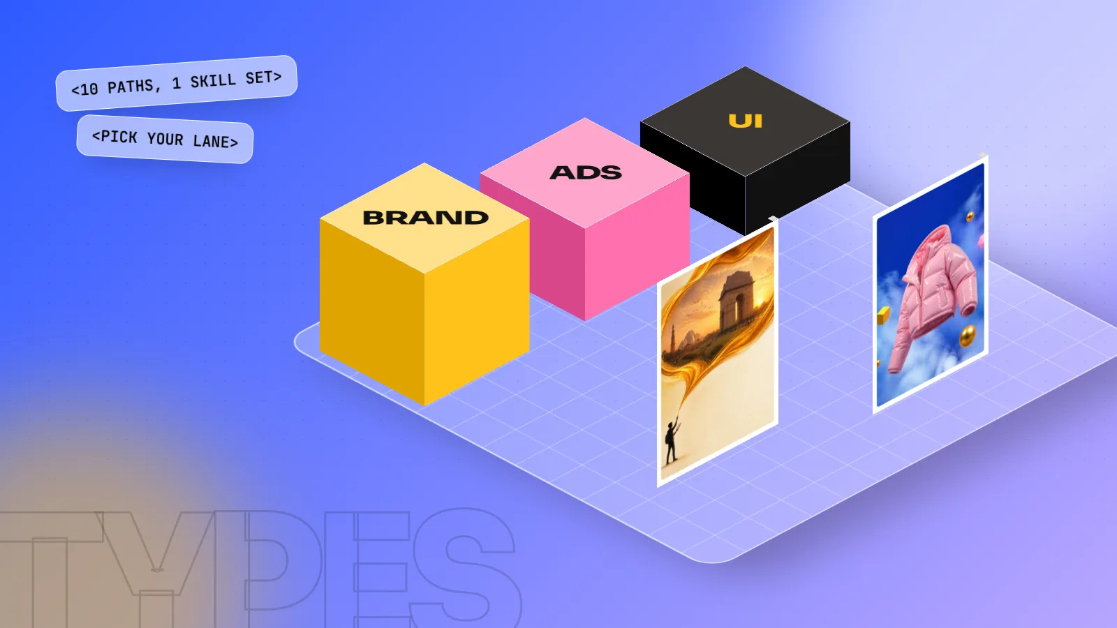 Isometric 3D scene with blocks labelled BRAND, ADS and UI next to two finished student posters on a blue and lilac floor