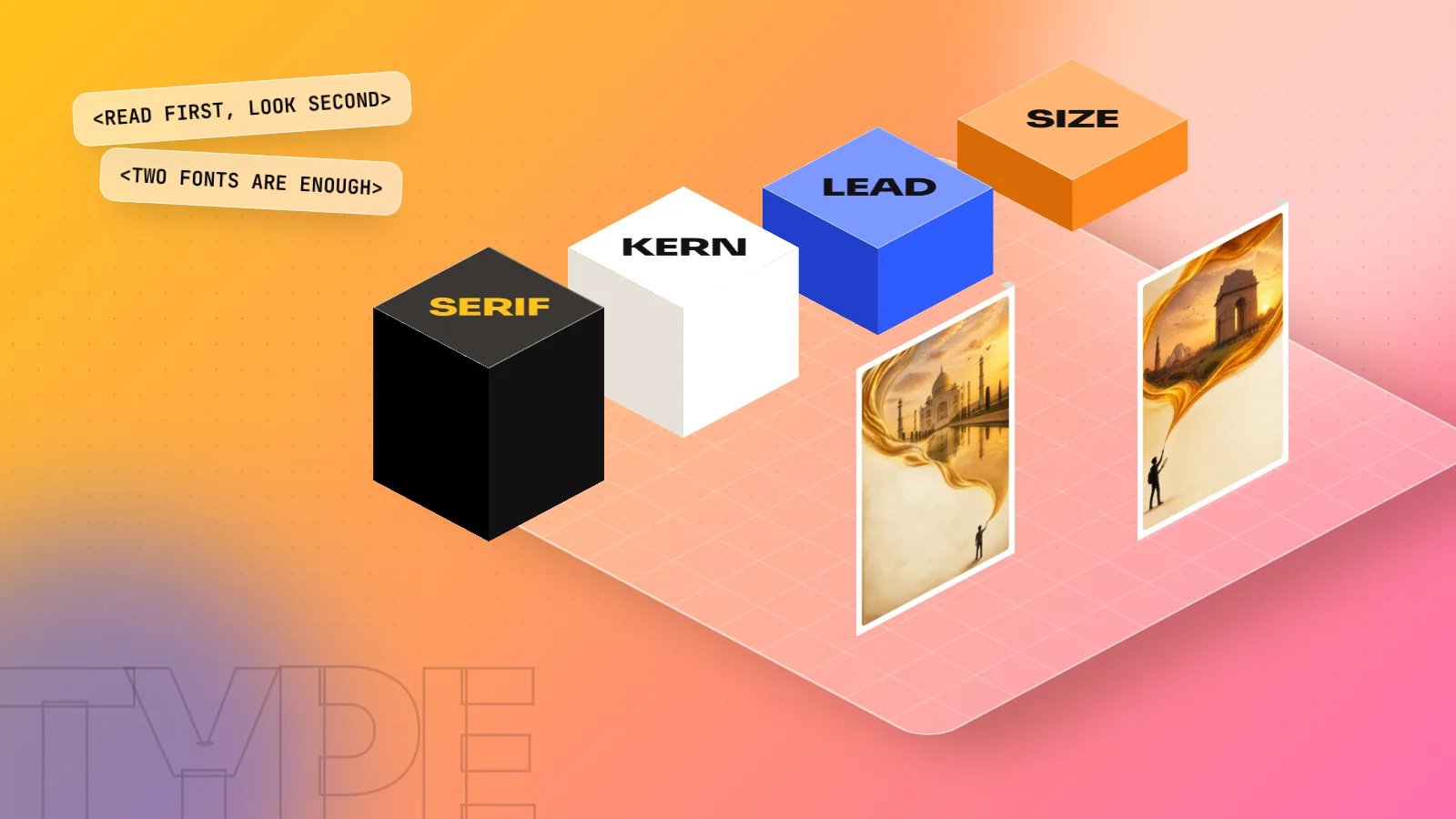 Isometric 3D scene with blocks labelled SERIF, KERN, LEAD and SIZE next to two standing posters on a yellow and pink floor