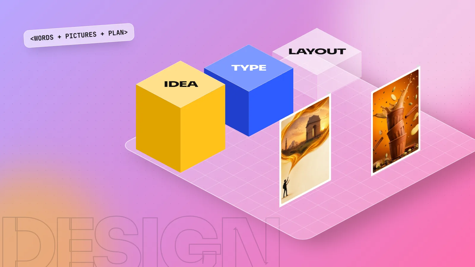 Isometric 3D scene with blocks labelled IDEA, TYPE and LAYOUT beside a Delhi travel poster and a kulhad chai advert