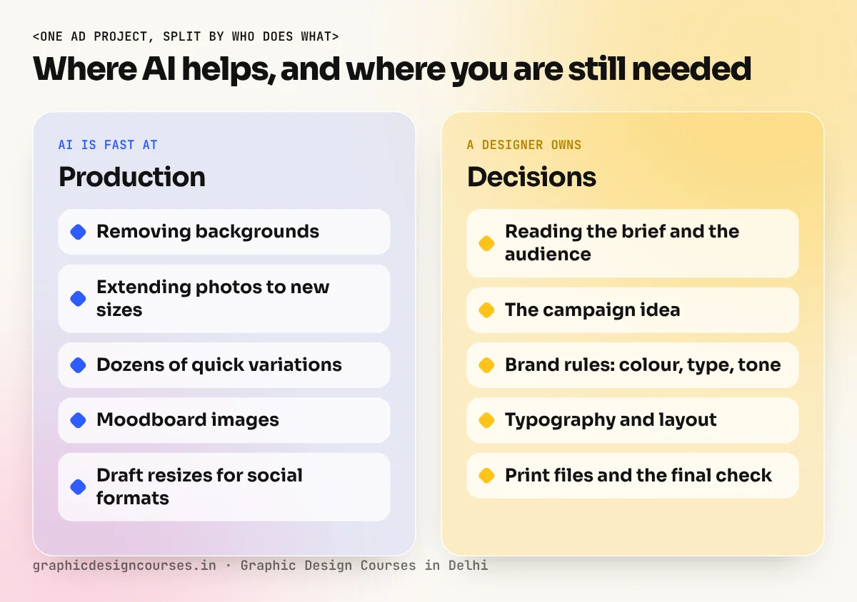 Chart of design tasks: AI does resizing, variations and clean-ups; humans own the brief, idea, brand rules, type and final check