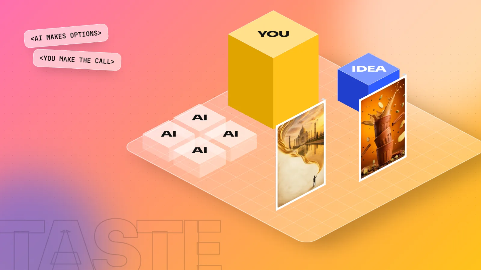 Isometric 3D scene with small AI blocks next to a tall yellow YOU block and two finished ad posters