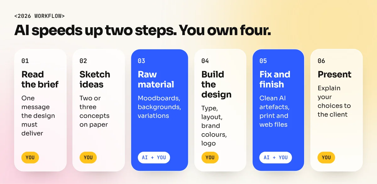 Six-step designer workflow with AI used only in the raw material and finishing steps